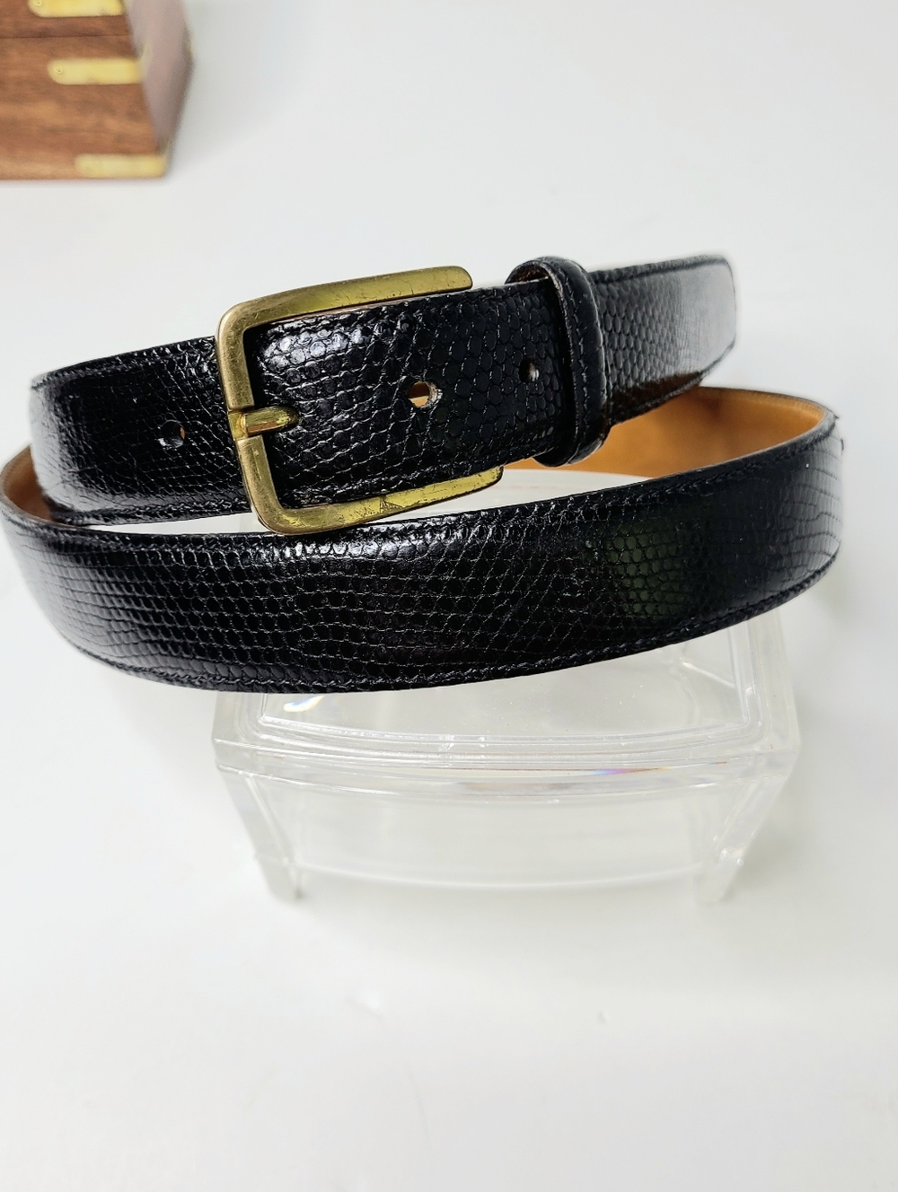 Trafalgar Burnished Java Lizard Handmade In USA Black Vintage Belt